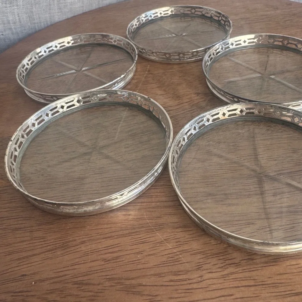 Vintage Sterling Silver Filigree Pierced Coasters Set of 5 Starburst Barware